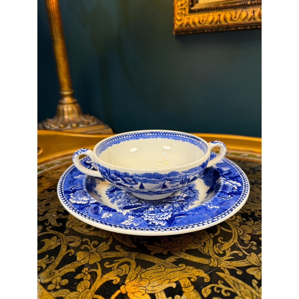 Wedgwood Landscape of Etruria Blue Transferware Saucer & Double-Handled Bowl
